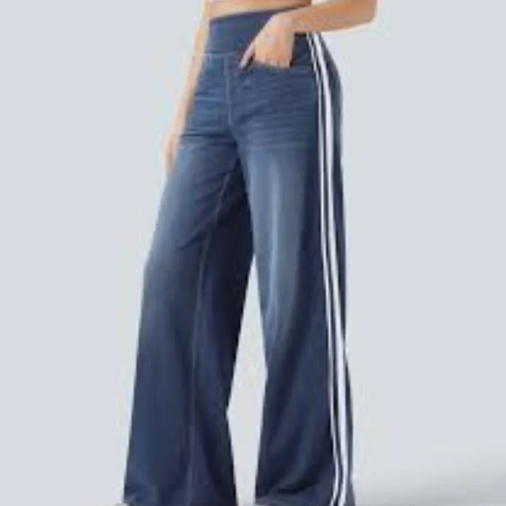 21-NWOT HALARA HIGH WASTED STRIPE WIDE LEG JEANS WITH POCKETS -L REGULAR - Picture 1 of 3